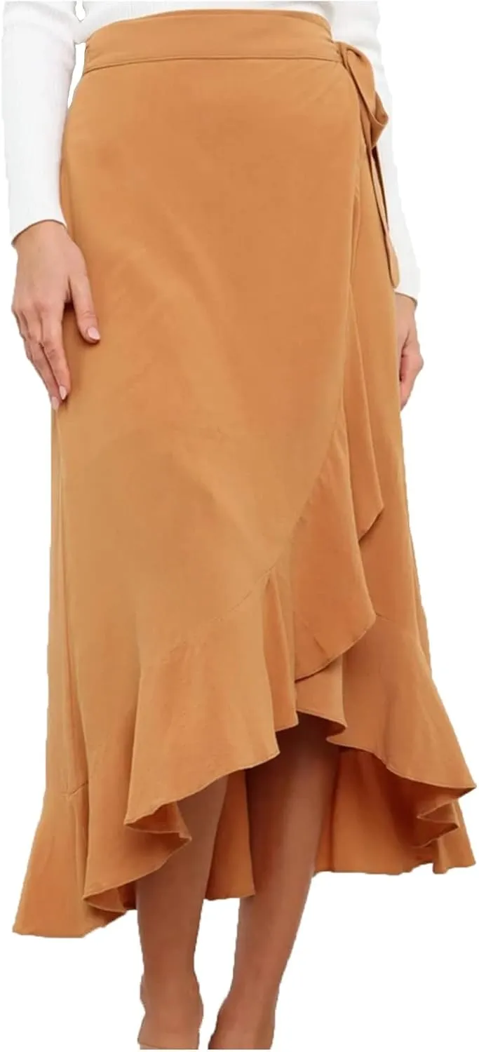 Women Ruffle Wrap Skirt Tie Waist Boho High Low Asymmetrical Midi Beach Skirt Casual Beach Swimsuit Cover Ups