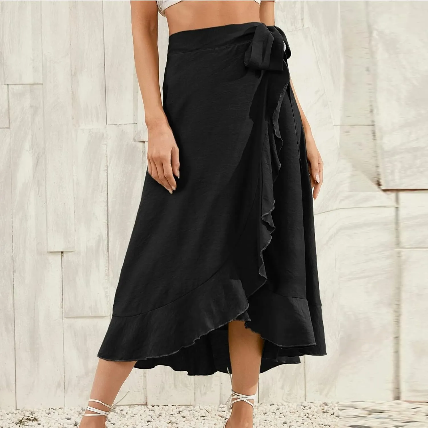 Women Ruffle Wrap Skirt Tie Waist Boho High Low Asymmetrical Midi Beach Skirt Casual Beach Swimsuit Cover Ups