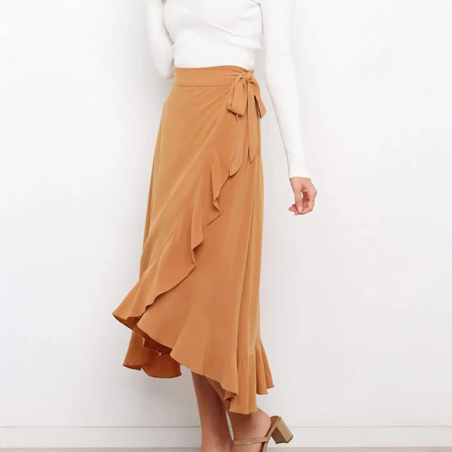 Women Ruffle Wrap Skirt Tie Waist Boho High Low Asymmetrical Midi Beach Skirt Casual Beach Swimsuit Cover Ups