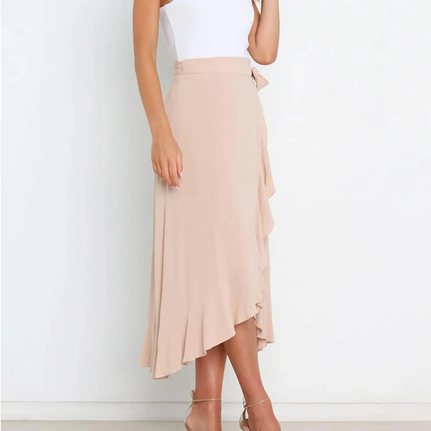 Women Ruffle Wrap Skirt Tie Waist Boho High Low Asymmetrical Midi Beach Skirt Casual Beach Swimsuit Cover Ups