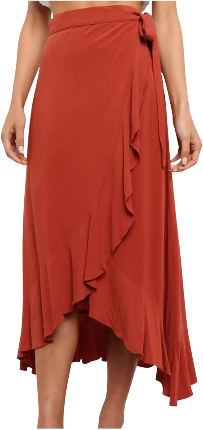Women Ruffle Wrap Skirt Tie Waist Boho High Low Asymmetrical Midi Beach Skirt Casual Beach Swimsuit Cover Ups