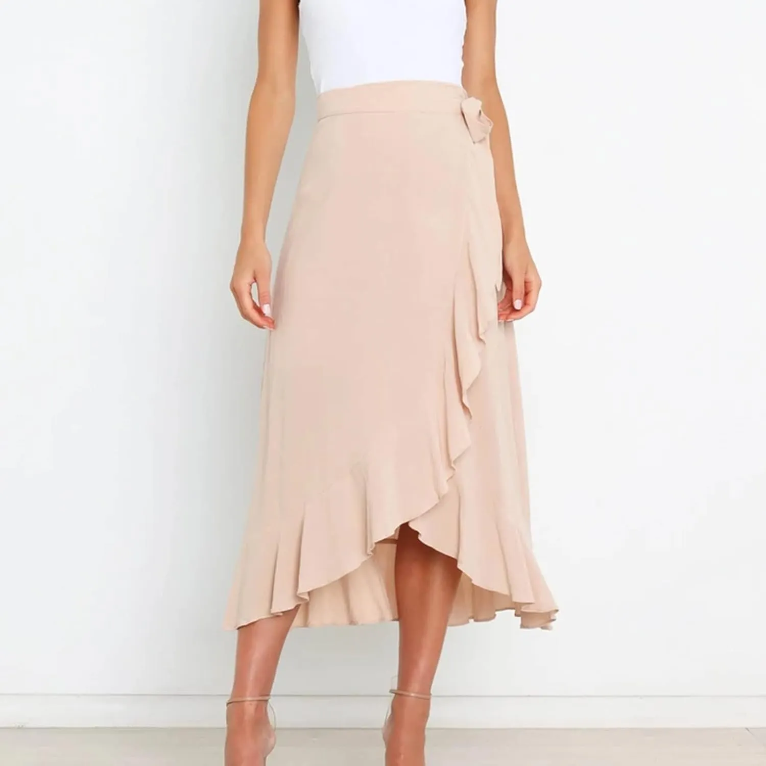 Women Ruffle Wrap Skirt Tie Waist Boho High Low Asymmetrical Midi Beach Skirt Casual Beach Swimsuit Cover Ups