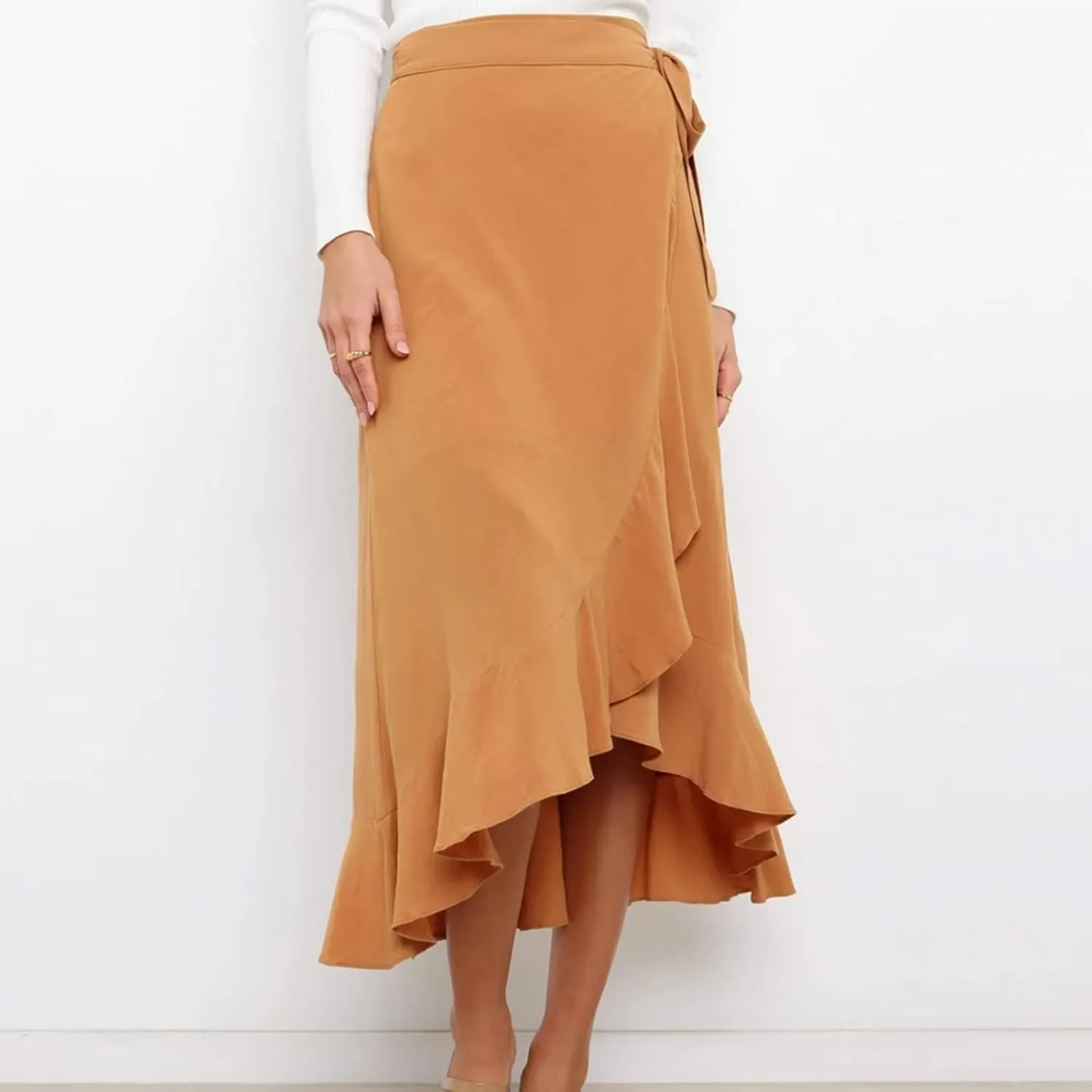 Women Ruffle Wrap Skirt Tie Waist Boho High Low Asymmetrical Midi Beach Skirt Casual Beach Swimsuit Cover Ups