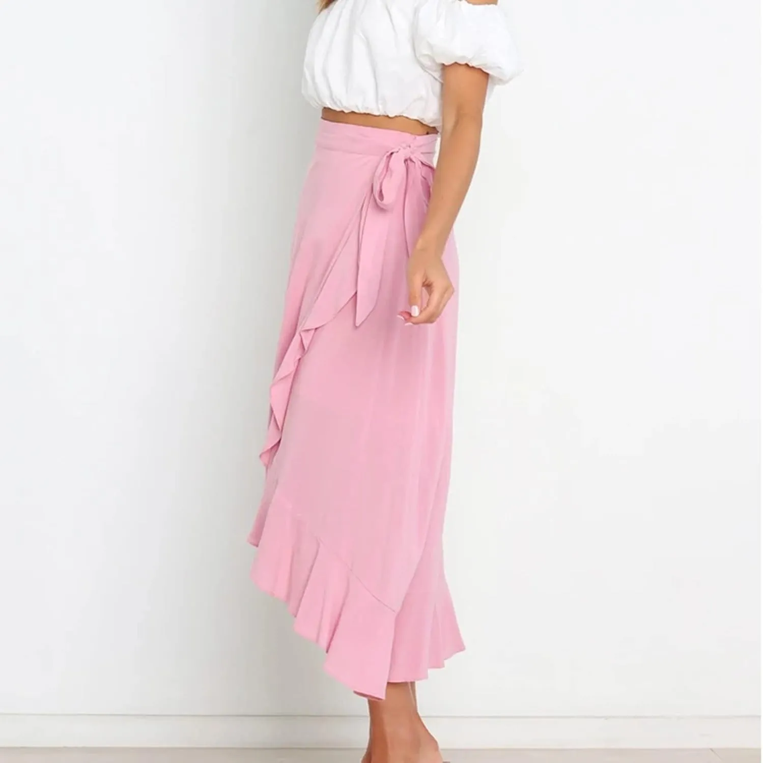 Women Ruffle Wrap Skirt Tie Waist Boho High Low Asymmetrical Midi Beach Skirt Casual Beach Swimsuit Cover Ups