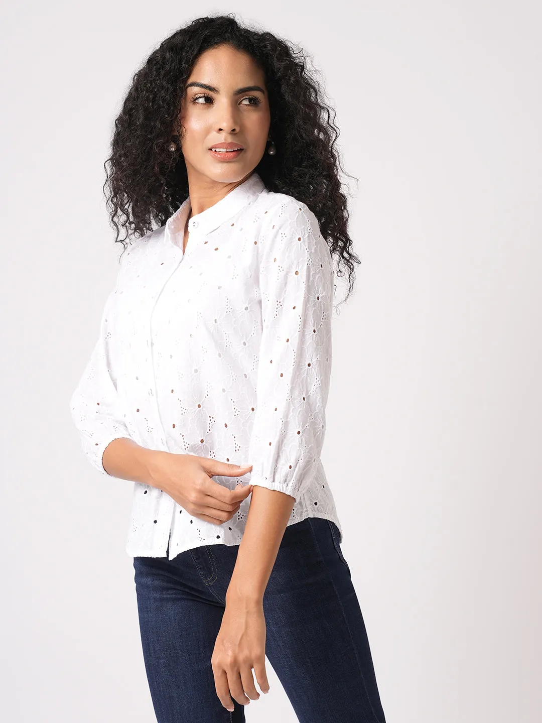Women Slim Fit Bleach White  Schiffli Shirt