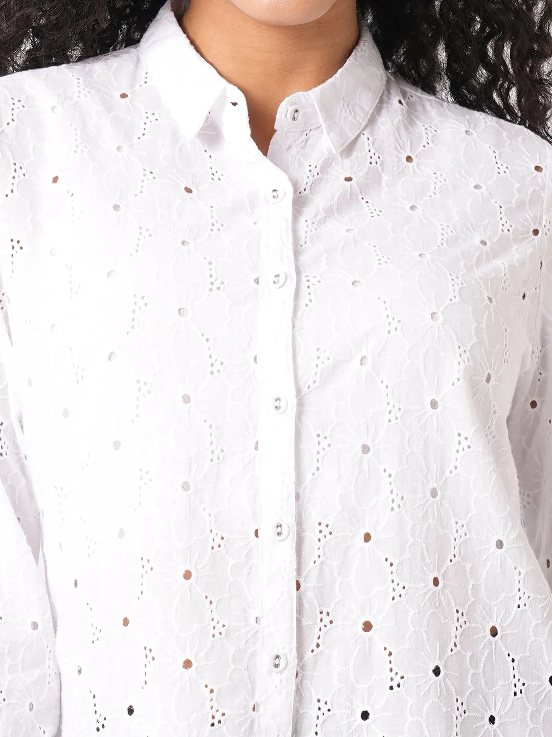 Women Slim Fit Bleach White  Schiffli Shirt