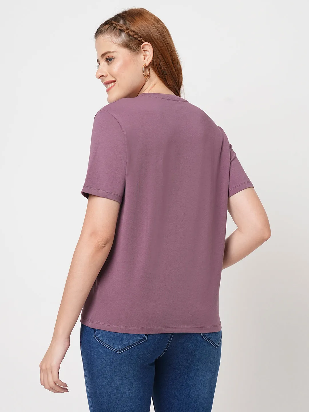 Women Slim Fit Mouve Boxy T-Shirt Chest Print