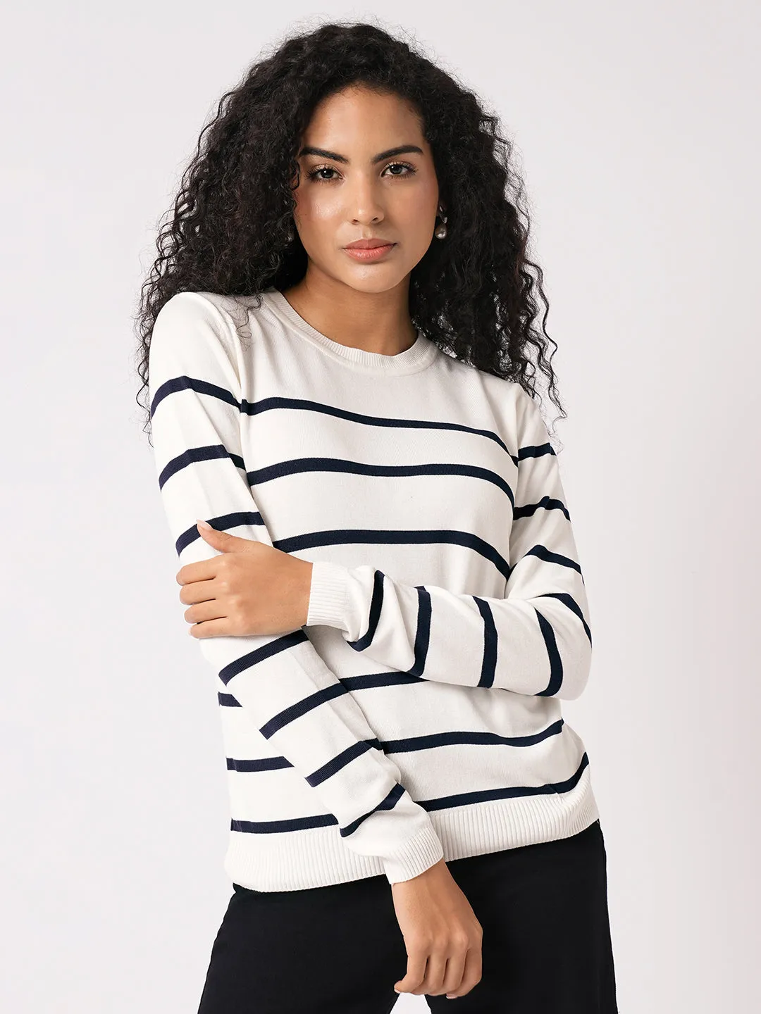 Women Slim Fit White/Navy Regular T-Shirt
