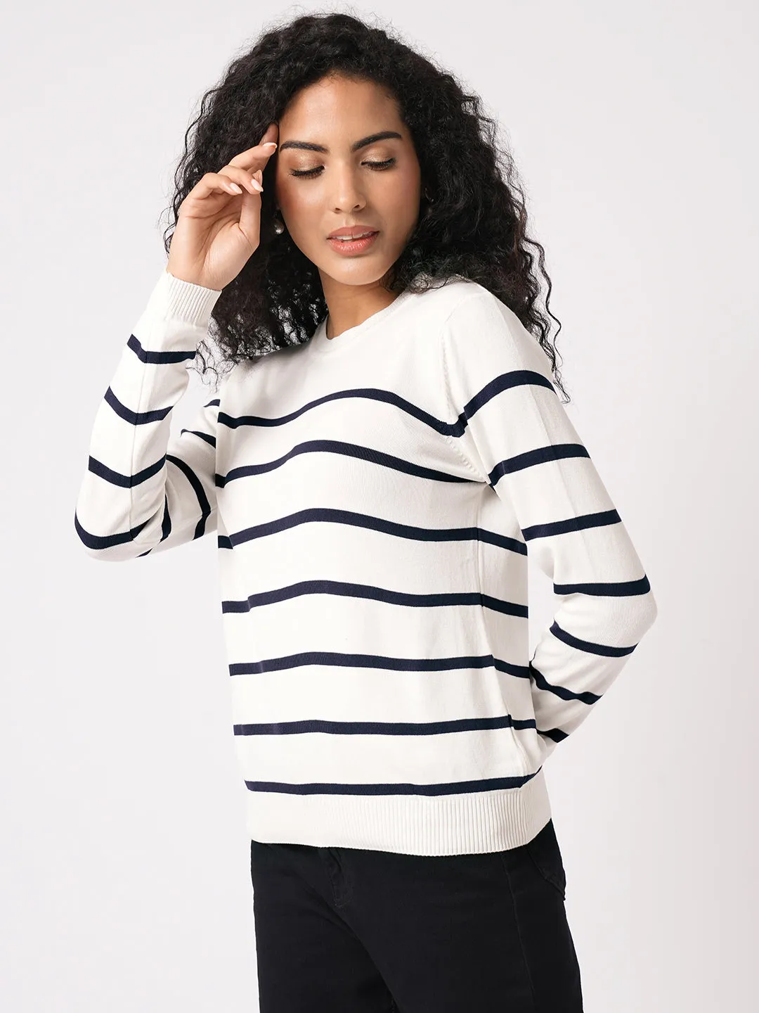 Women Slim Fit White/Navy Regular T-Shirt