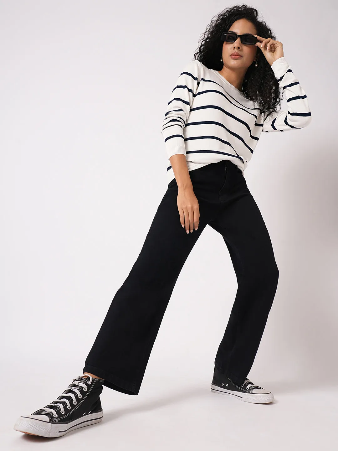 Women Slim Fit White/Navy Regular T-Shirt