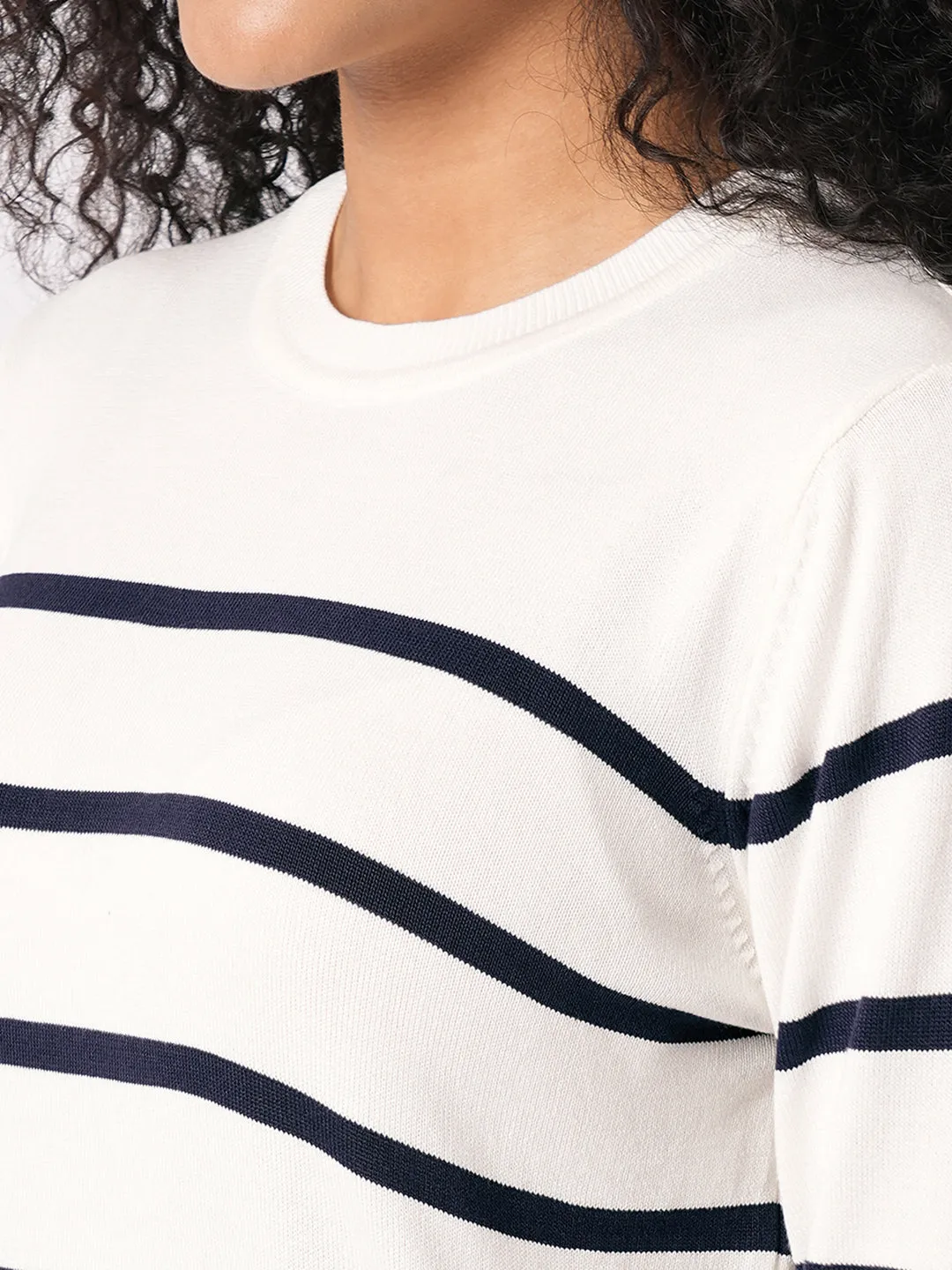 Women Slim Fit White/Navy Regular T-Shirt