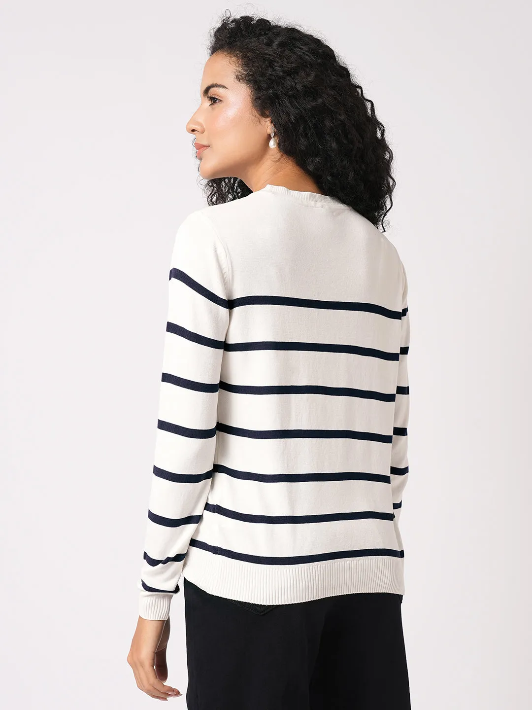 Women Slim Fit White/Navy Regular T-Shirt