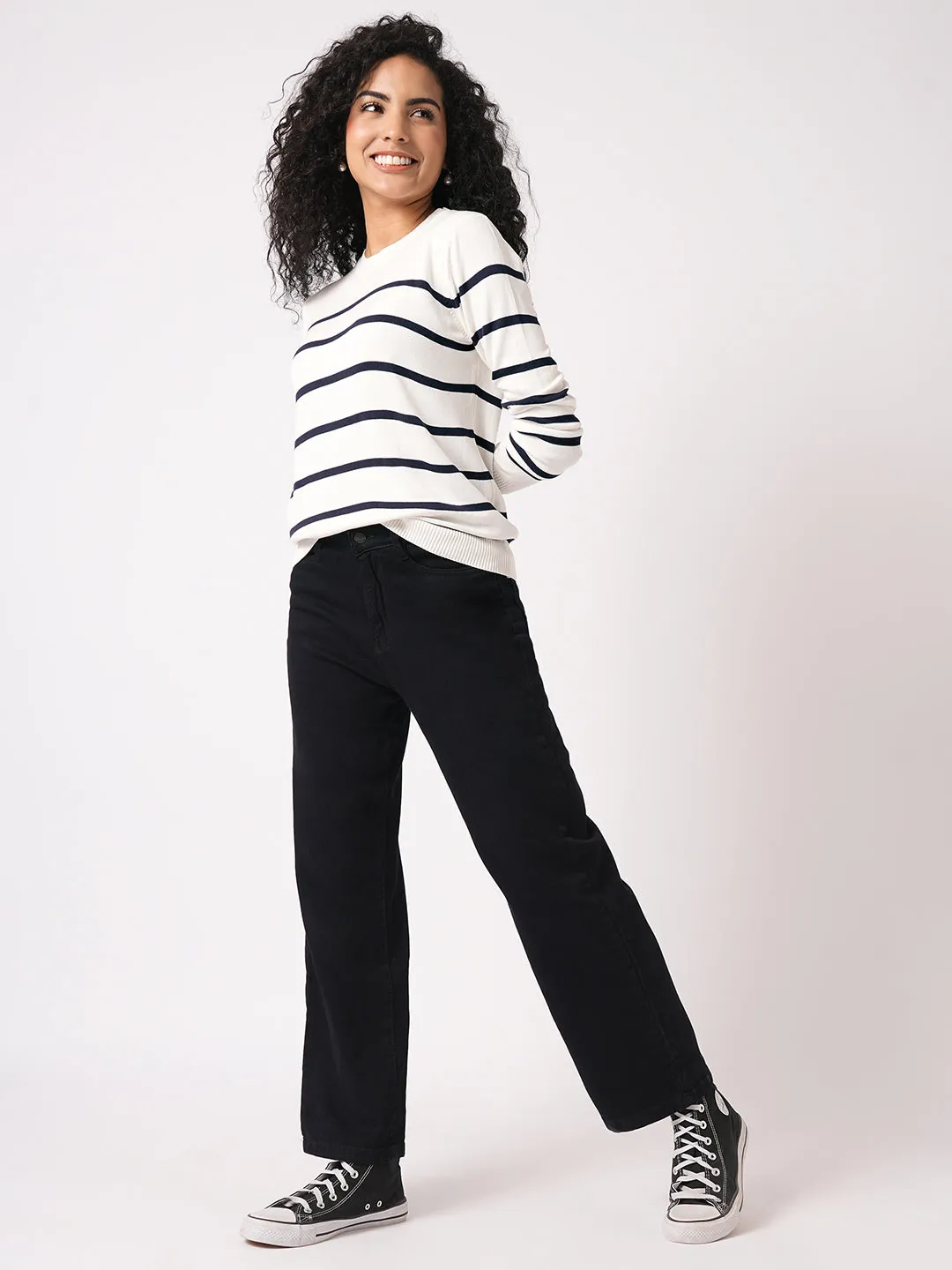 Women Slim Fit White/Navy Regular T-Shirt
