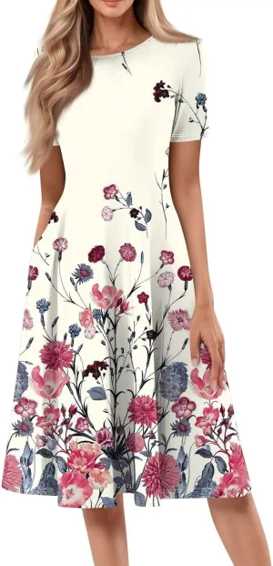 Women Summer Short Sleeve Midi Dress with Pockets Casual Aline Flowy Tshirt Dress Floral Vocation Beach Sundress