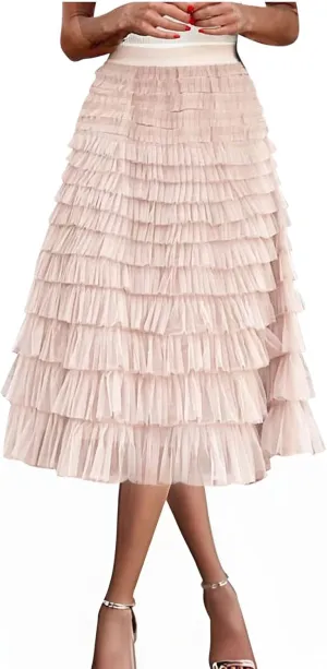 Women Tiered Layered Ruffle Skirts High Waist Elegant Midi Length Skirt Cute A Line Cake Skirts fir Ladies