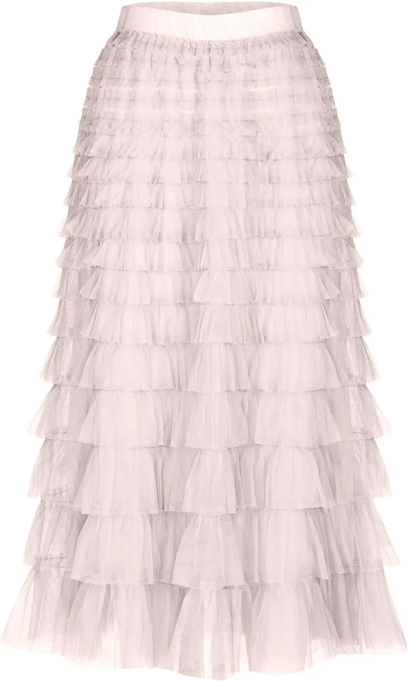 Women Tiered Layered Ruffle Skirts High Waist Elegant Midi Length Skirt Cute A Line Cake Skirts fir Ladies