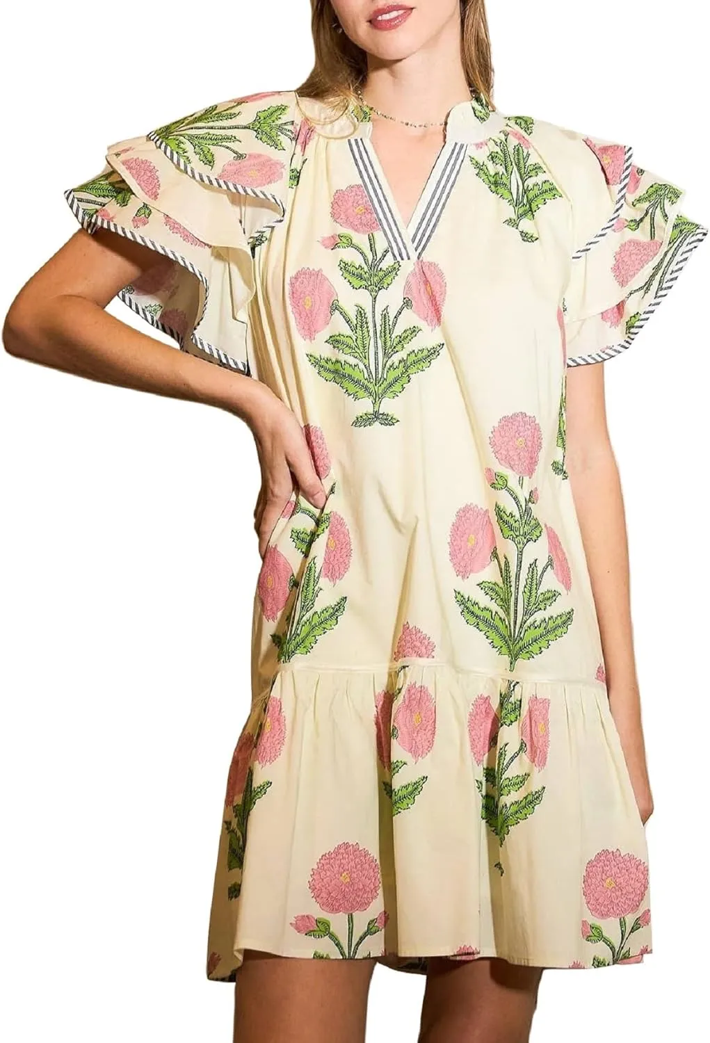 Women Y2K Boho Floral Babydoll Mini Dresses V Neck Puff Sleeve Short Dress Bohemian Beach A Line Sundress