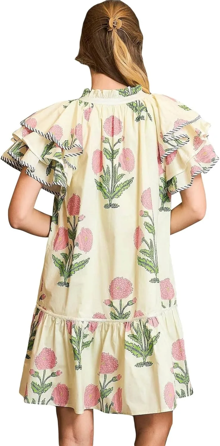 Women Y2K Boho Floral Babydoll Mini Dresses V Neck Puff Sleeve Short Dress Bohemian Beach A Line Sundress