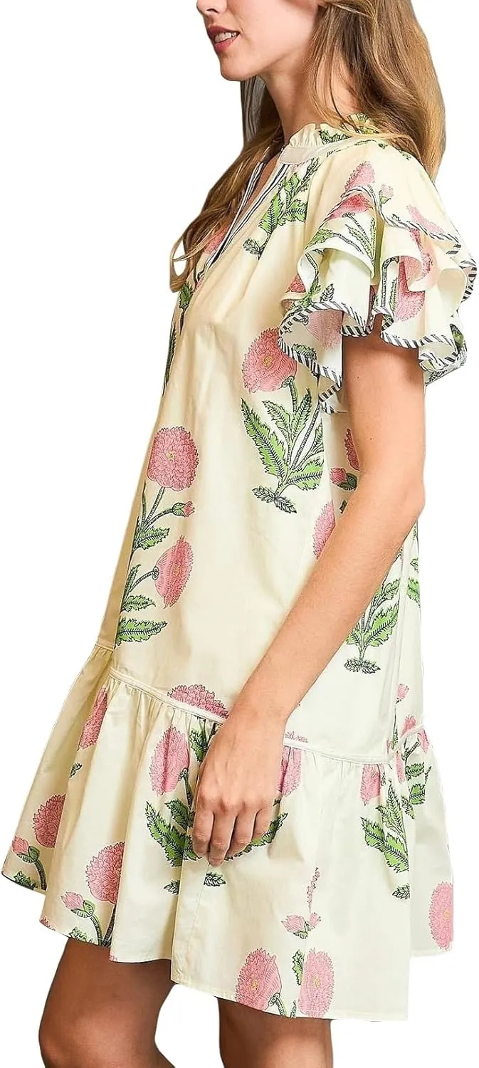 Women Y2K Boho Floral Babydoll Mini Dresses V Neck Puff Sleeve Short Dress Bohemian Beach A Line Sundress