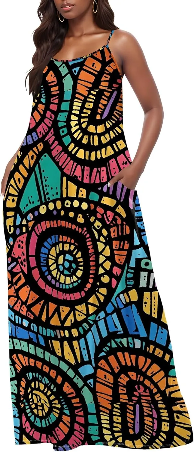 Womens 2025 Casual Sleeveless Spaghetti Strap Sundress Plus Size Loose Long Summer Boho Beach Maxi Dress with Pockets