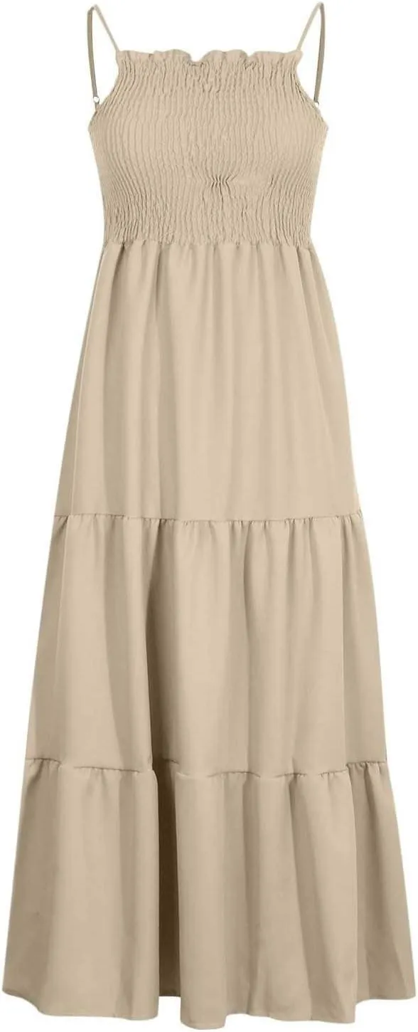 Women's 2025 Summer Flowy Maxi Dress Casual Sleeveless Spaghetti Strap Ruffle Beach Long Dresses