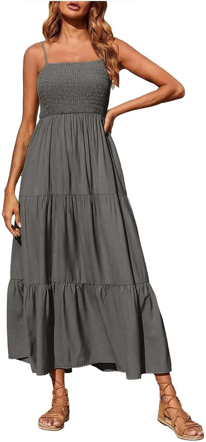 Women's 2025 Summer Flowy Maxi Dress Casual Sleeveless Spaghetti Strap Ruffle Beach Long Dresses