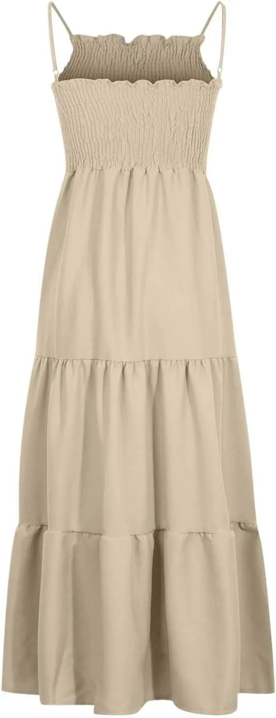 Women's 2025 Summer Flowy Maxi Dress Casual Sleeveless Spaghetti Strap Ruffle Beach Long Dresses