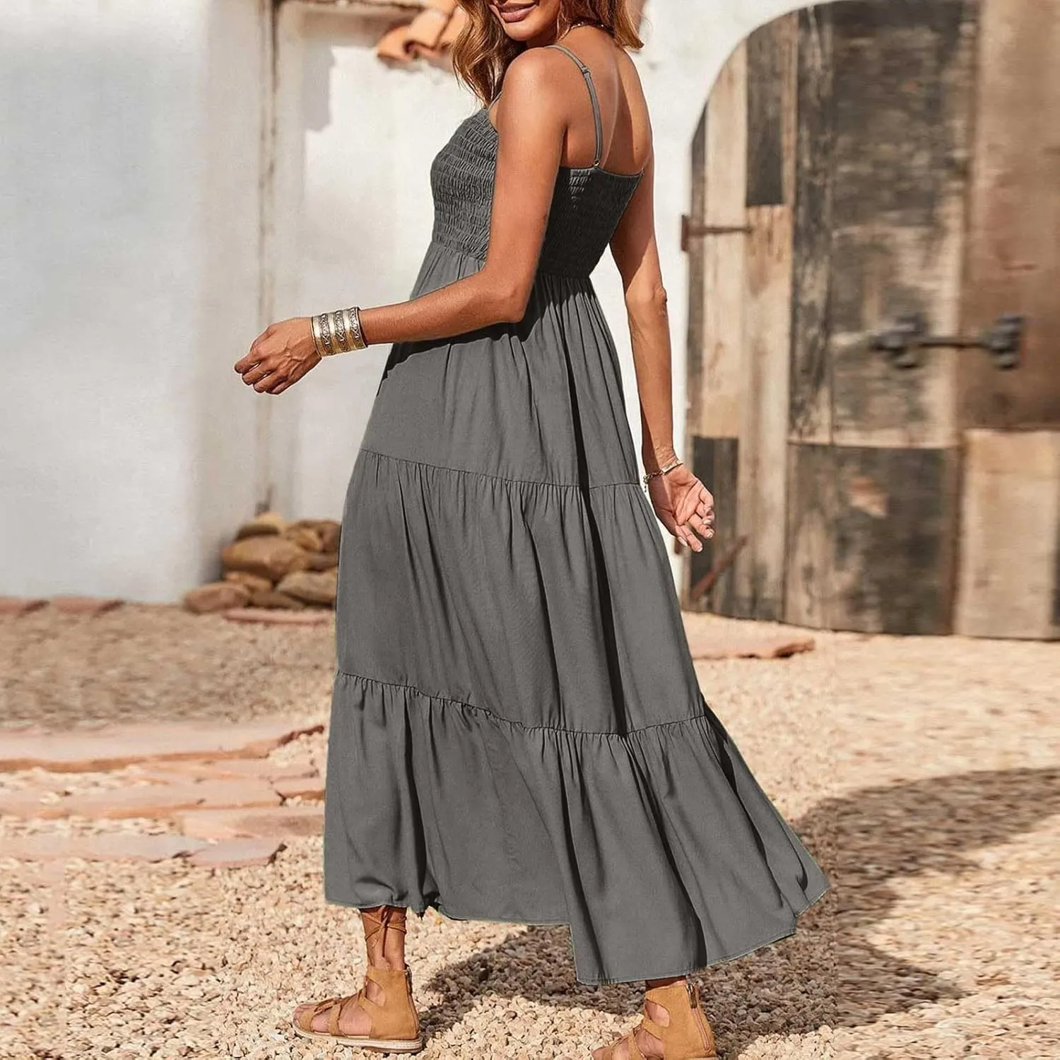 Women's 2025 Summer Flowy Maxi Dress Casual Sleeveless Spaghetti Strap Ruffle Beach Long Dresses