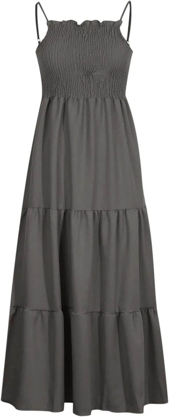 Women's 2025 Summer Flowy Maxi Dress Casual Sleeveless Spaghetti Strap Ruffle Beach Long Dresses