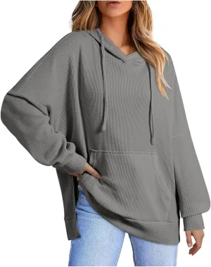 Women's 2025 Waffle Knit Hoodies Stylish Oversized Sweatshirts with Drawstring Hooded Lightweight Athletic Hoody Tops