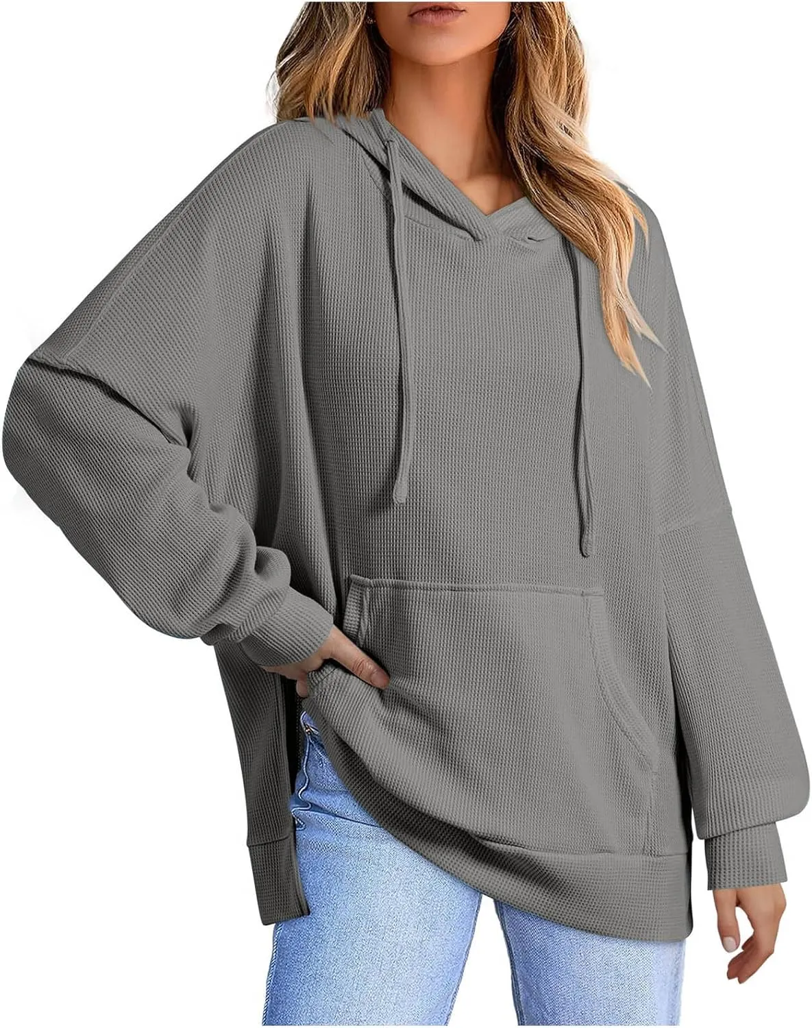 Women's 2025 Waffle Knit Hoodies Stylish Oversized Sweatshirts with Drawstring Hooded Lightweight Athletic Hoody Tops
