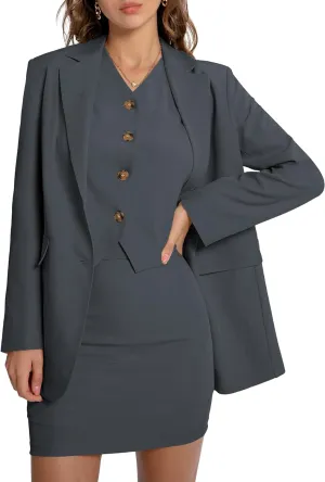 Women's 3 Piece Skirt Sets Business Casual Short Skort Blazer Suit Long Sleeve Jacket Vest Matching Outfits