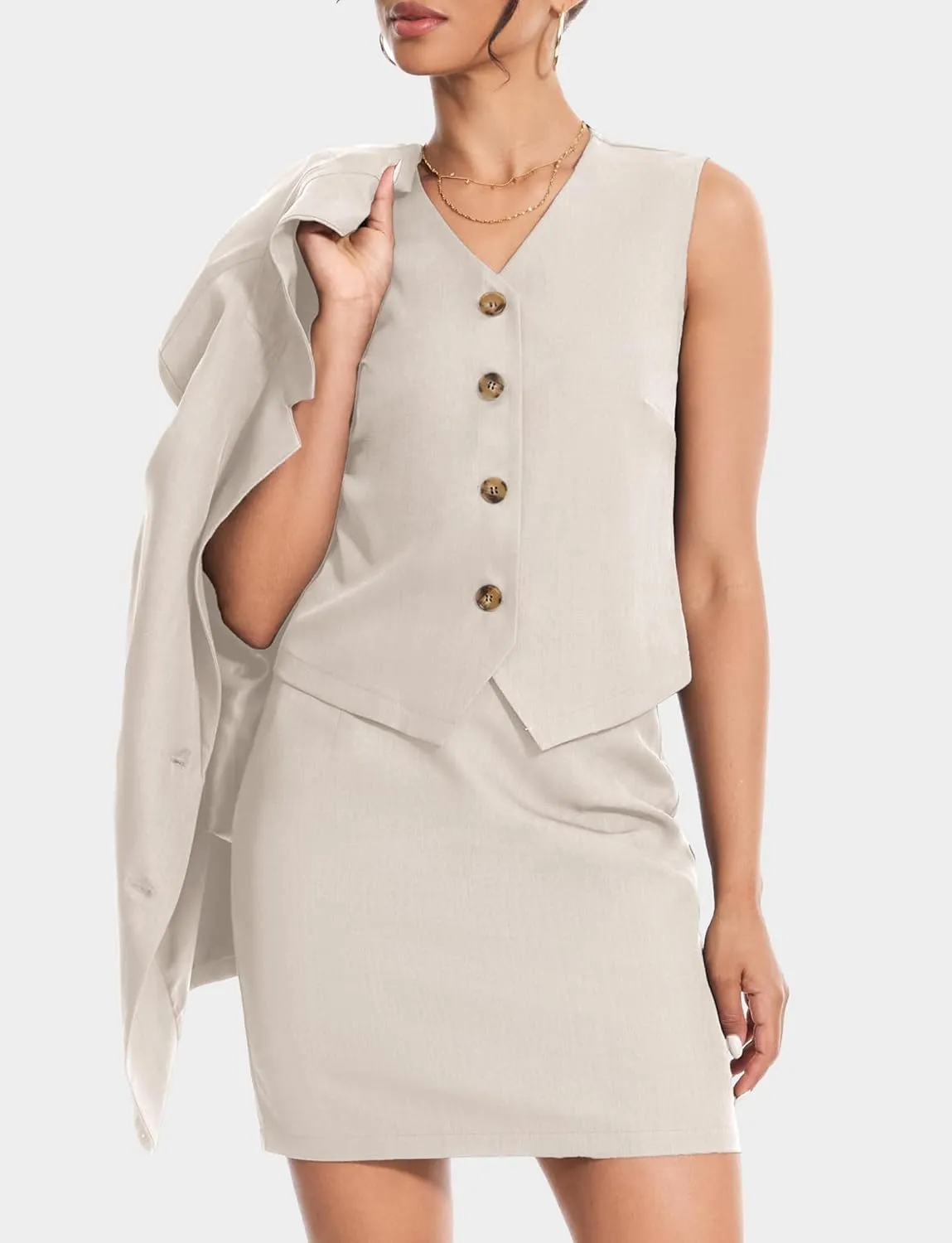 Women's 3 Piece Skirt Sets Business Casual Short Skort Blazer Suit Long Sleeve Jacket Vest Matching Outfits