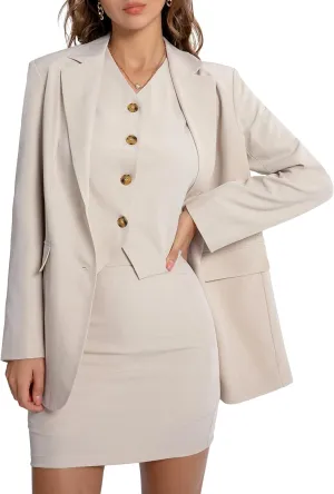 Women's 3 Piece Skirt Sets Business Casual Short Skort Blazer Suit Long Sleeve Jacket Vest Matching Outfits