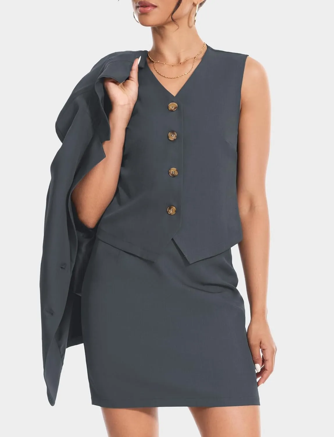 Women's 3 Piece Skirt Sets Business Casual Short Skort Blazer Suit Long Sleeve Jacket Vest Matching Outfits