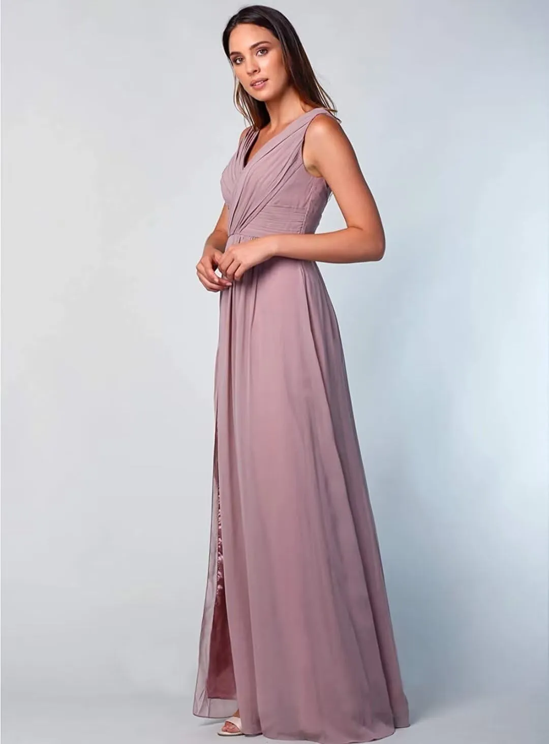Womens A Line V Neck Bridesmaid Dresses, Pleated Long Chiffon Formal Evening Party Gown with Side Slit
