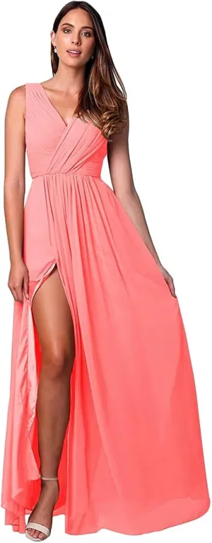 Womens A Line V Neck Bridesmaid Dresses, Pleated Long Chiffon Formal Evening Party Gown with Side Slit