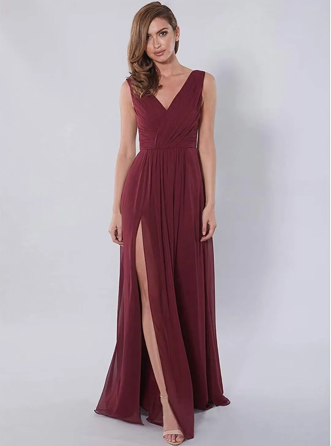 Womens A Line V Neck Bridesmaid Dresses, Pleated Long Chiffon Formal Evening Party Gown with Side Slit