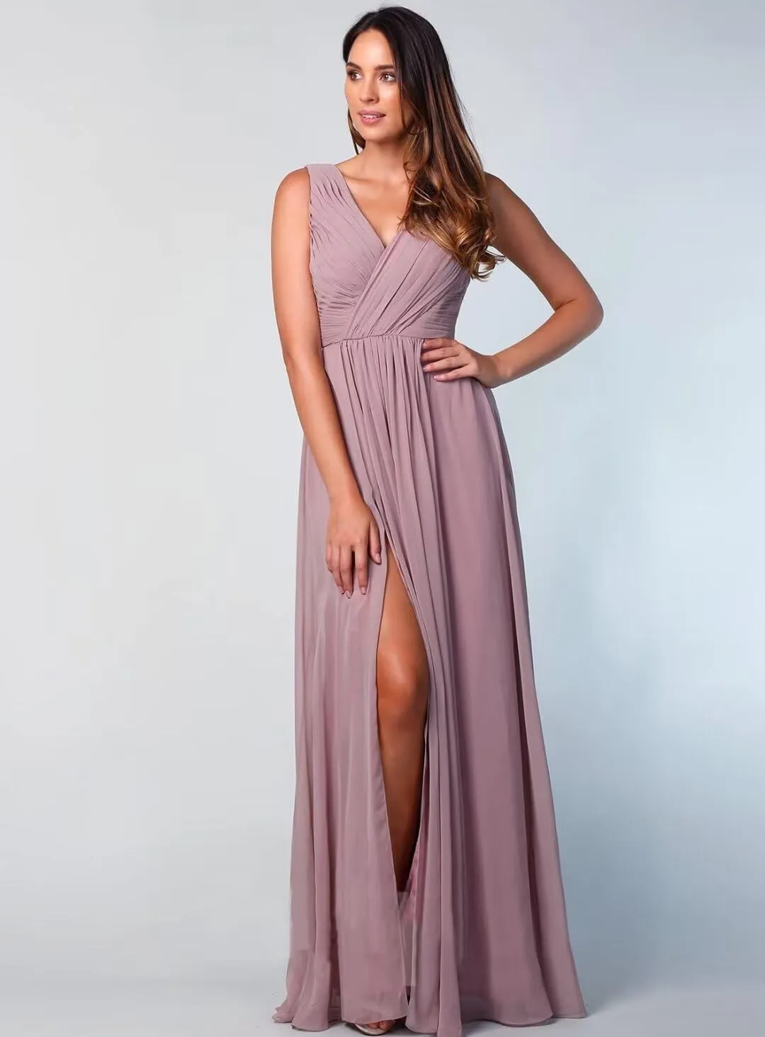 Womens A Line V Neck Bridesmaid Dresses, Pleated Long Chiffon Formal Evening Party Gown with Side Slit