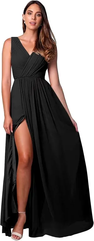 Womens A Line V Neck Bridesmaid Dresses, Pleated Long Chiffon Formal Evening Party Gown with Side Slit