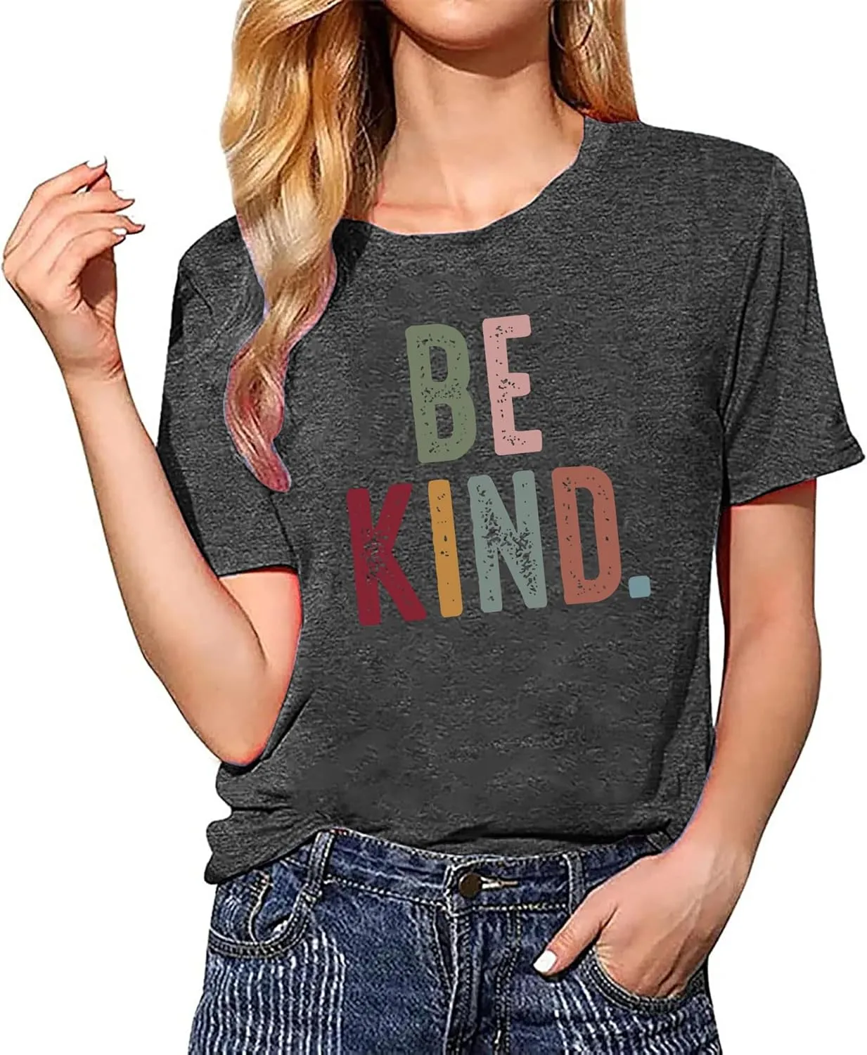 Women's Be Kind Shirt Graphic Tees Short Sleev Loose Fit Tshirts Cute Casual Summer Tops Teacher Shirts Beige L
