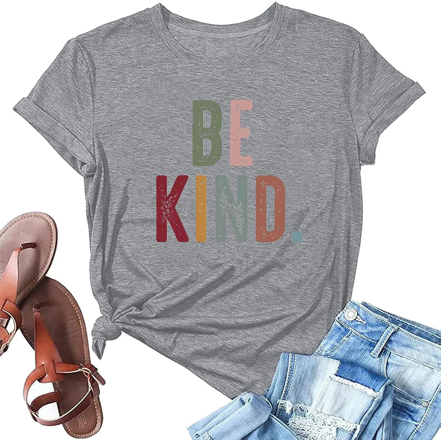 Women's Be Kind Shirt Graphic Tees Short Sleev Loose Fit Tshirts Cute Casual Summer Tops Teacher Shirts Beige L
