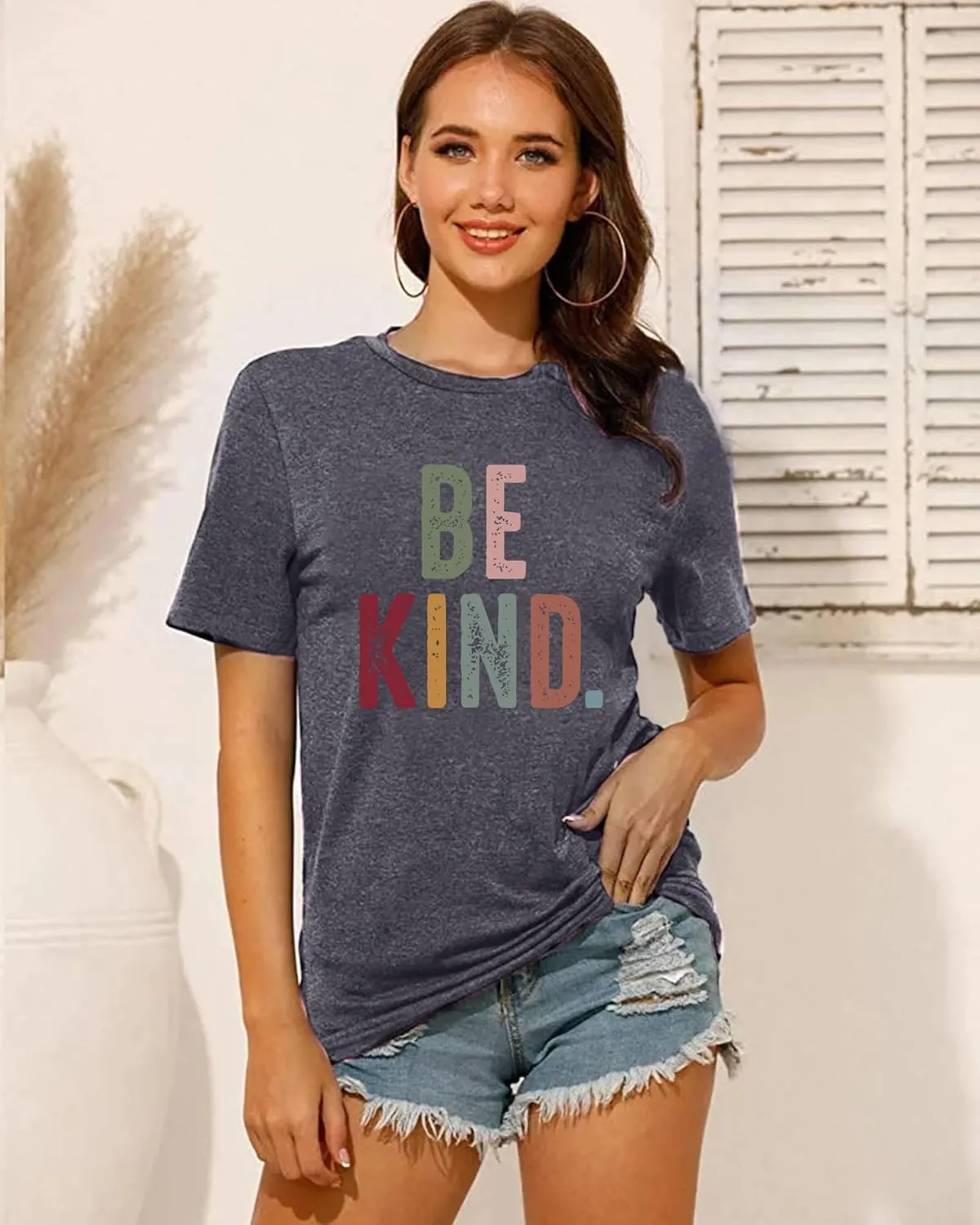 Women's Be Kind Shirt Graphic Tees Short Sleev Loose Fit Tshirts Cute Casual Summer Tops Teacher Shirts Beige L