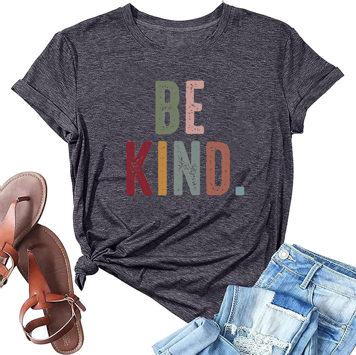 Women's Be Kind Shirt Graphic Tees Short Sleev Loose Fit Tshirts Cute Casual Summer Tops Teacher Shirts Beige L