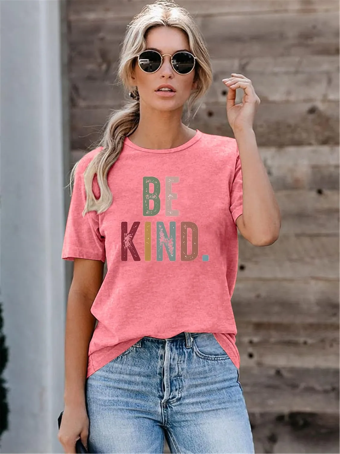 Women's Be Kind Shirt Graphic Tees Short Sleev Loose Fit Tshirts Cute Casual Summer Tops Teacher Shirts Beige L