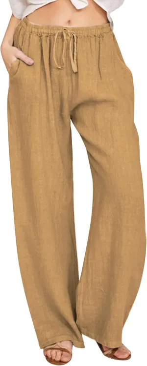 Womens Beach Linen Pants Drawstring Wide Leg Cotton Trousers Loose Summer Comfy Palazzo Pants with Pockets