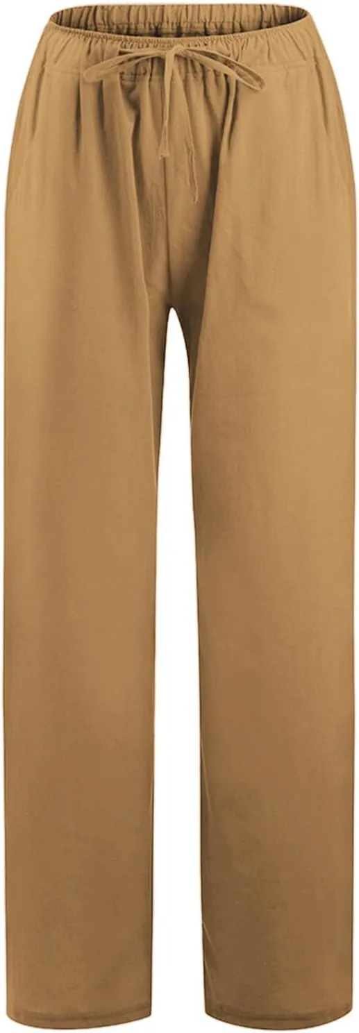 Womens Beach Linen Pants Drawstring Wide Leg Cotton Trousers Loose Summer Comfy Palazzo Pants with Pockets