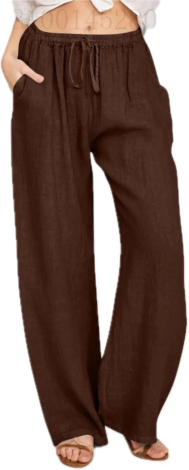 Womens Beach Linen Pants Drawstring Wide Leg Cotton Trousers Loose Summer Comfy Palazzo Pants with Pockets