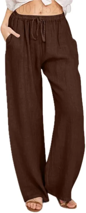 Womens Beach Linen Pants Drawstring Wide Leg Cotton Trousers Loose Summer Comfy Palazzo Pants with Pockets