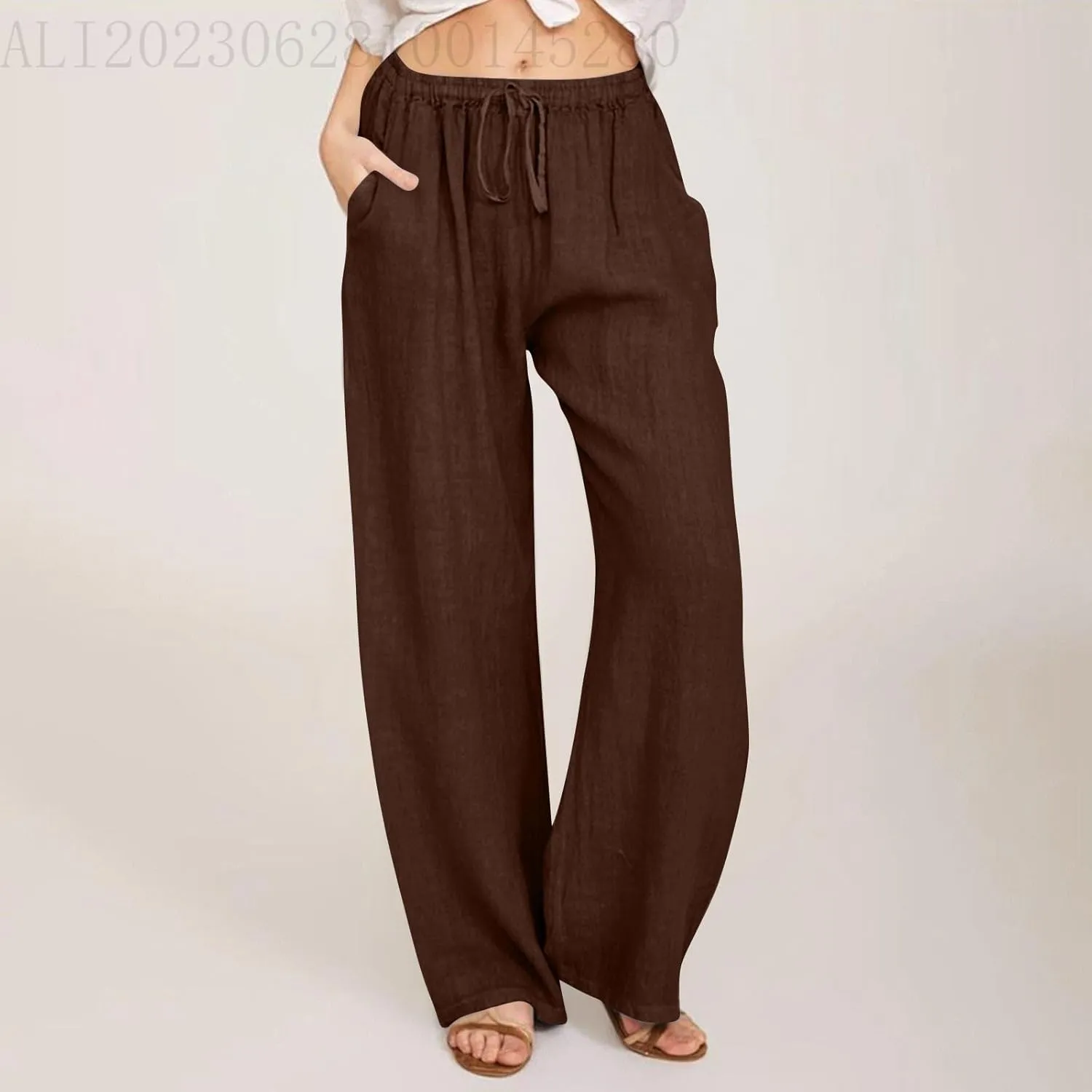 Womens Beach Linen Pants Drawstring Wide Leg Cotton Trousers Loose Summer Comfy Palazzo Pants with Pockets
